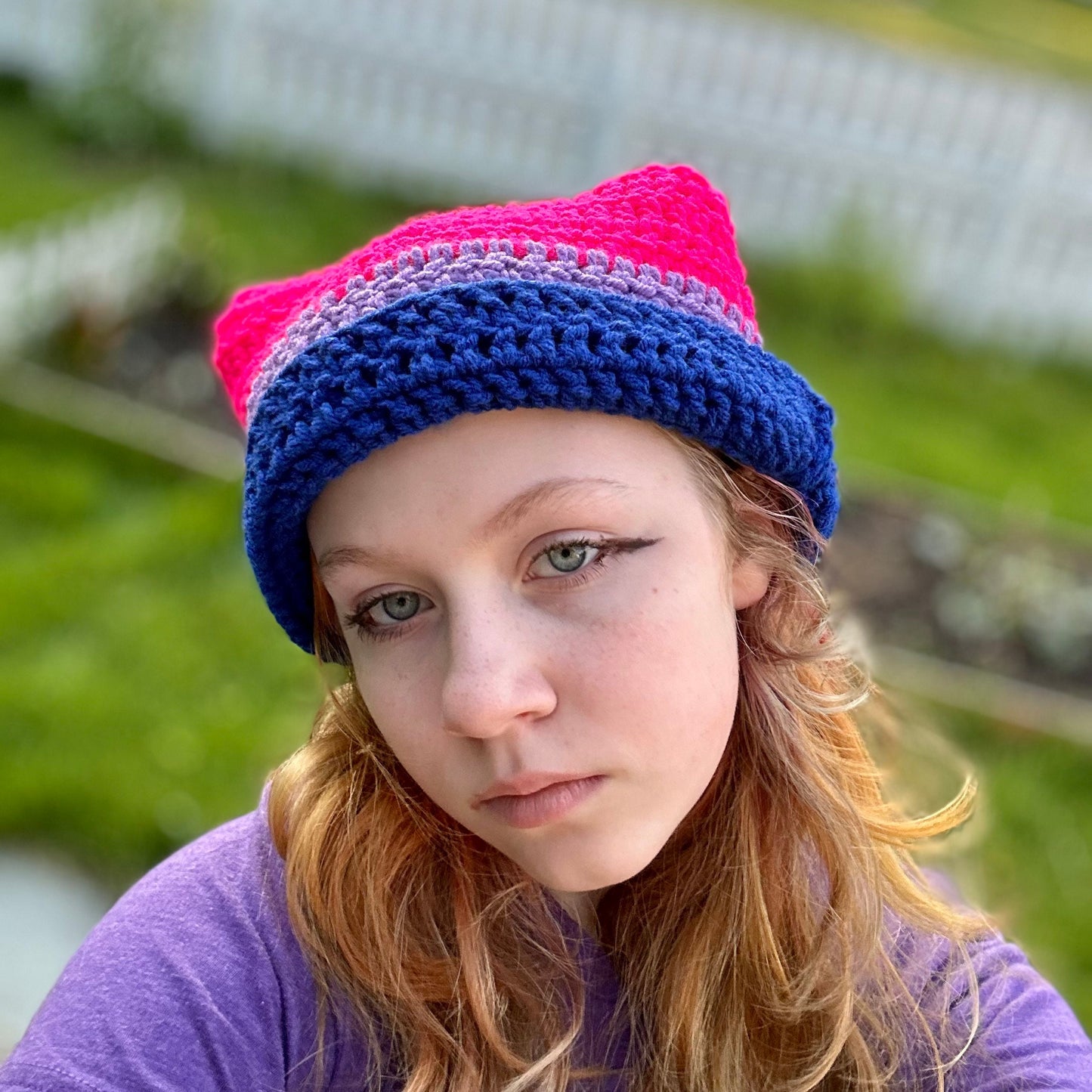 Bi flag cat ear beanie Handmade crochet cat beanie Bi cat ear beanie Pride hat Handmade crochet Pride hat Bi cat ear beanie