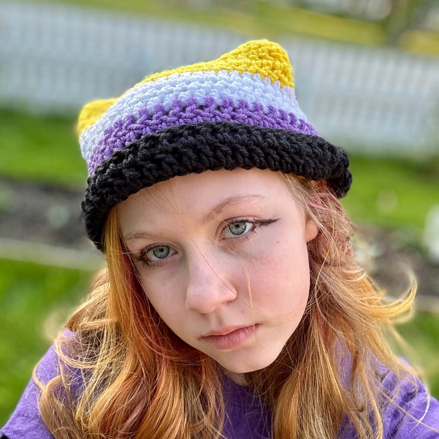 Nonbinary flag cat ear beanie Handmade crochet cat beanie Nonbinary cat ear beanie Pride hat Handmade crochet Pride hat Nonbinary cat hat