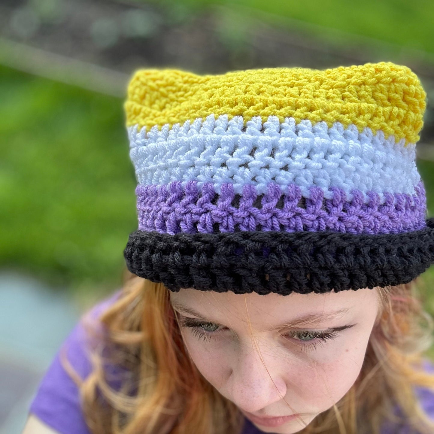 Nonbinary flag cat ear beanie Handmade crochet cat beanie Nonbinary cat ear beanie Pride hat Handmade crochet Pride hat Nonbinary cat hat