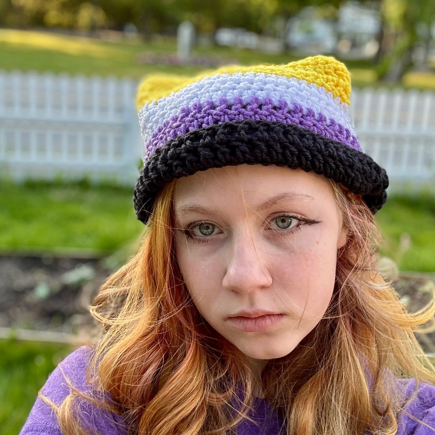 Nonbinary flag cat ear beanie Handmade crochet cat beanie Nonbinary cat ear beanie Pride hat Handmade crochet Pride hat Nonbinary cat hat