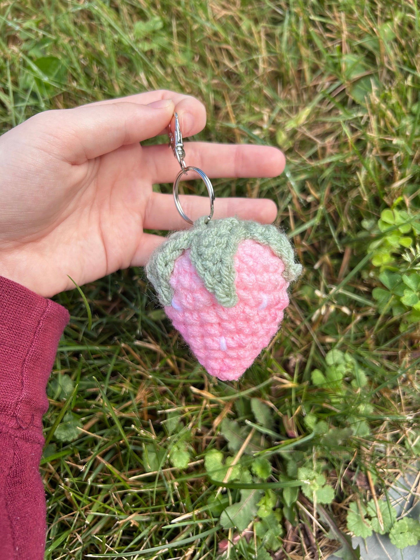Crochet knit handmade strawberry keychain Pretty book bag keychain Back pack keychain back to school gift Crochet fruit keychain