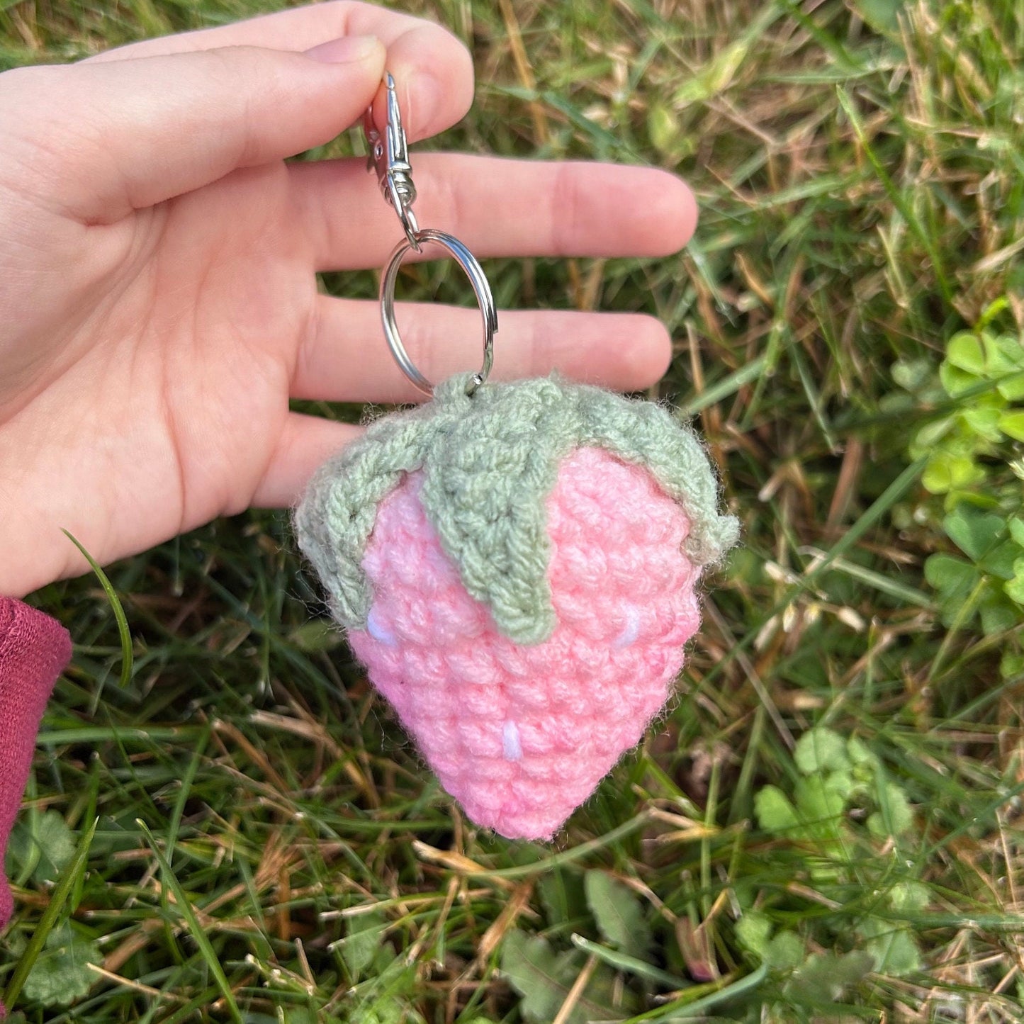 Crochet knit handmade strawberry keychain Pretty book bag keychain Back pack keychain back to school gift Crochet fruit keychain