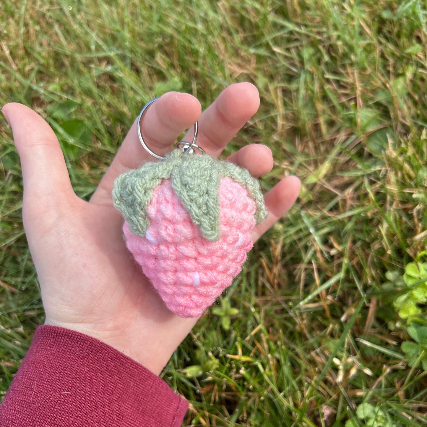 Crochet knit handmade strawberry keychain Pretty book bag keychain Back pack keychain back to school gift Crochet fruit keychain