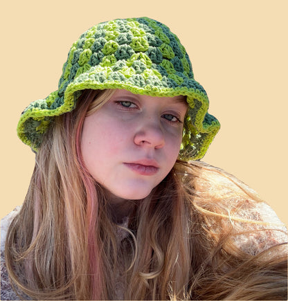 Cute green granny stitch bucket hat, Cotten yarn green bucket hat