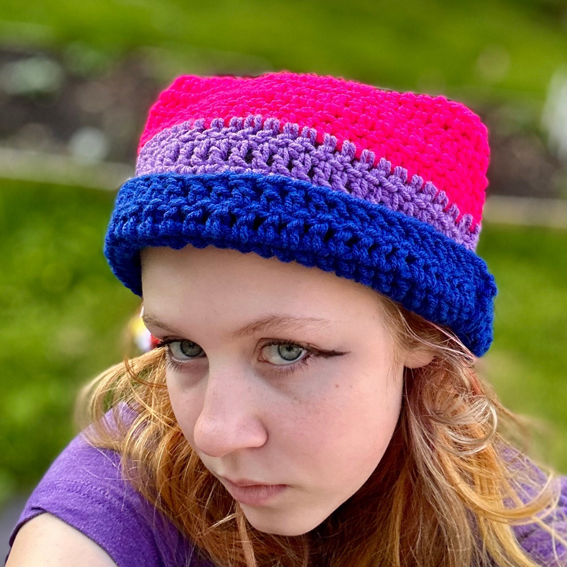 Bi flag cat ear beanie Handmade crochet cat beanie Bi cat ear beanie Pride hat Handmade crochet Pride hat Bi cat ear beanie
