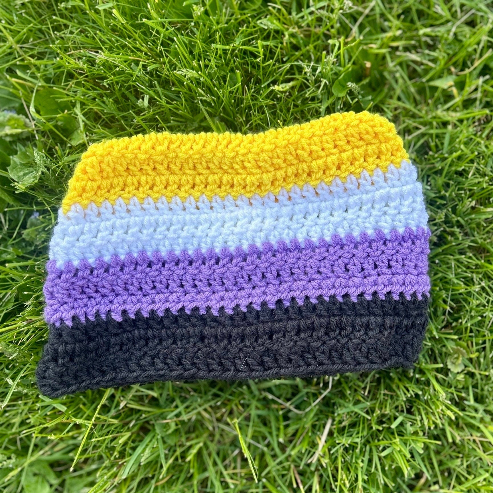 Nonbinary flag cat ear beanie Handmade crochet cat beanie Nonbinary cat ear beanie Pride hat Handmade crochet Pride hat Nonbinary cat hat