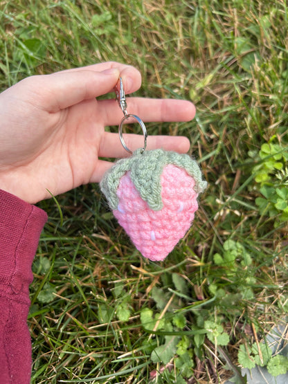 Crochet knit handmade strawberry keychain Pretty book bag keychain Back pack keychain back to school gift Crochet fruit keychain